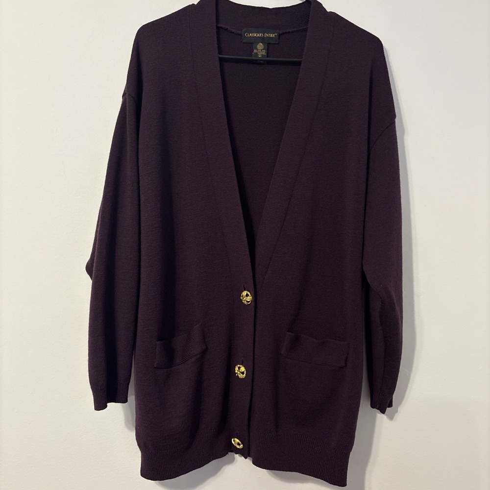 Classiques Entier 100% Merino Wool Purple Longline Cardigan Gold Buttons M
